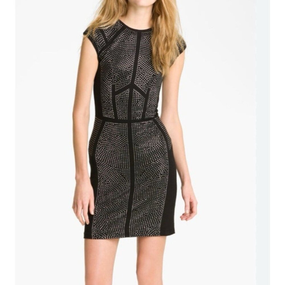 Etcetera Dress 6 Black Silver Studded Panel Stretch Sheath Sleeveless